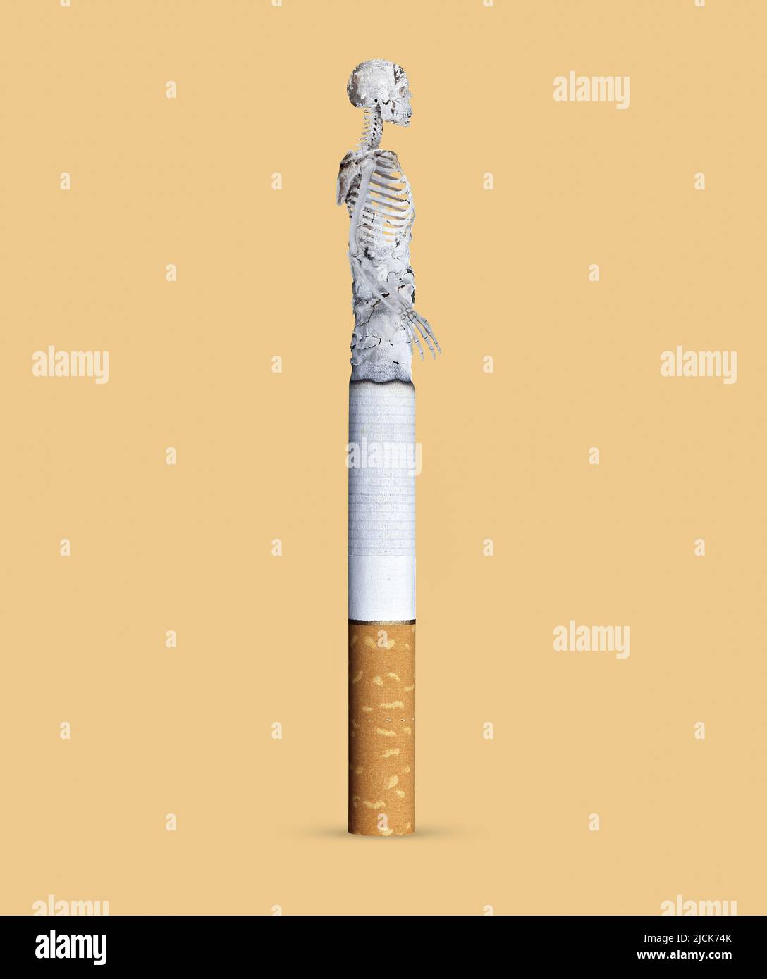 Quit smoking. Smoker death and danger concept. Skeleton in cigarette ash. Yellow background. 3d illustration. Stock Photo