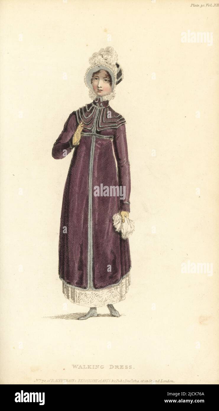 Regency woman in walking dress. In puce erminette pelisse with wide white lace border, full lace ruff, velvet Spanish hat trimmed with quilled lace, half boots and tan gloves. Vol. 12, Plate 30, December 1, 1814. Handcoloured copperplate engraving by Thomas Uwins from Rudolph Ackermann's Repository of Arts, Strand, London. Stock Photo