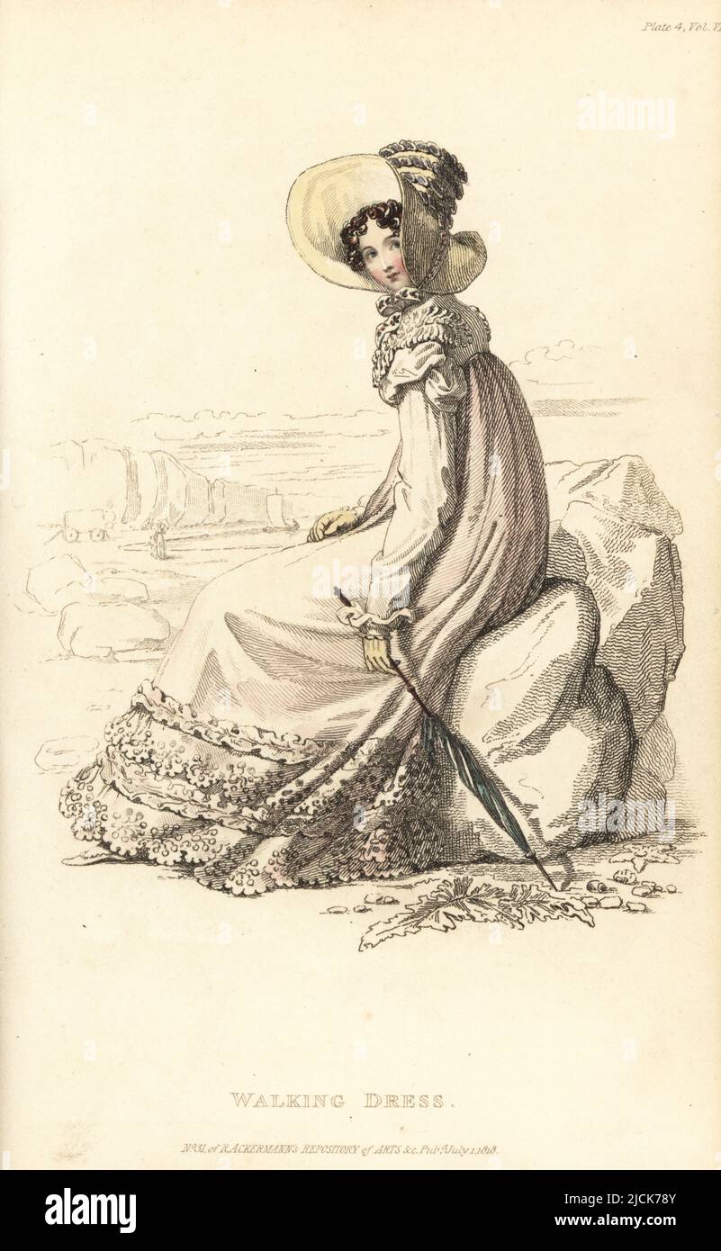 Regency lady in walking dress sitting on a rock on a beach, 1818. Dress of jaconot muslin over sarsnet slip, white striped lute-string spencer jacket, Leghorn hat tied with satin ribbons. Vol. 6, Plate 4, July 1, 1818. Designed by Miss McDonald of 50 South Molton Street. Handcoloured copperplate engraving by Thomas Uwins from Rudolph Ackermann's Repository of Arts, Strand, London. Stock Photo