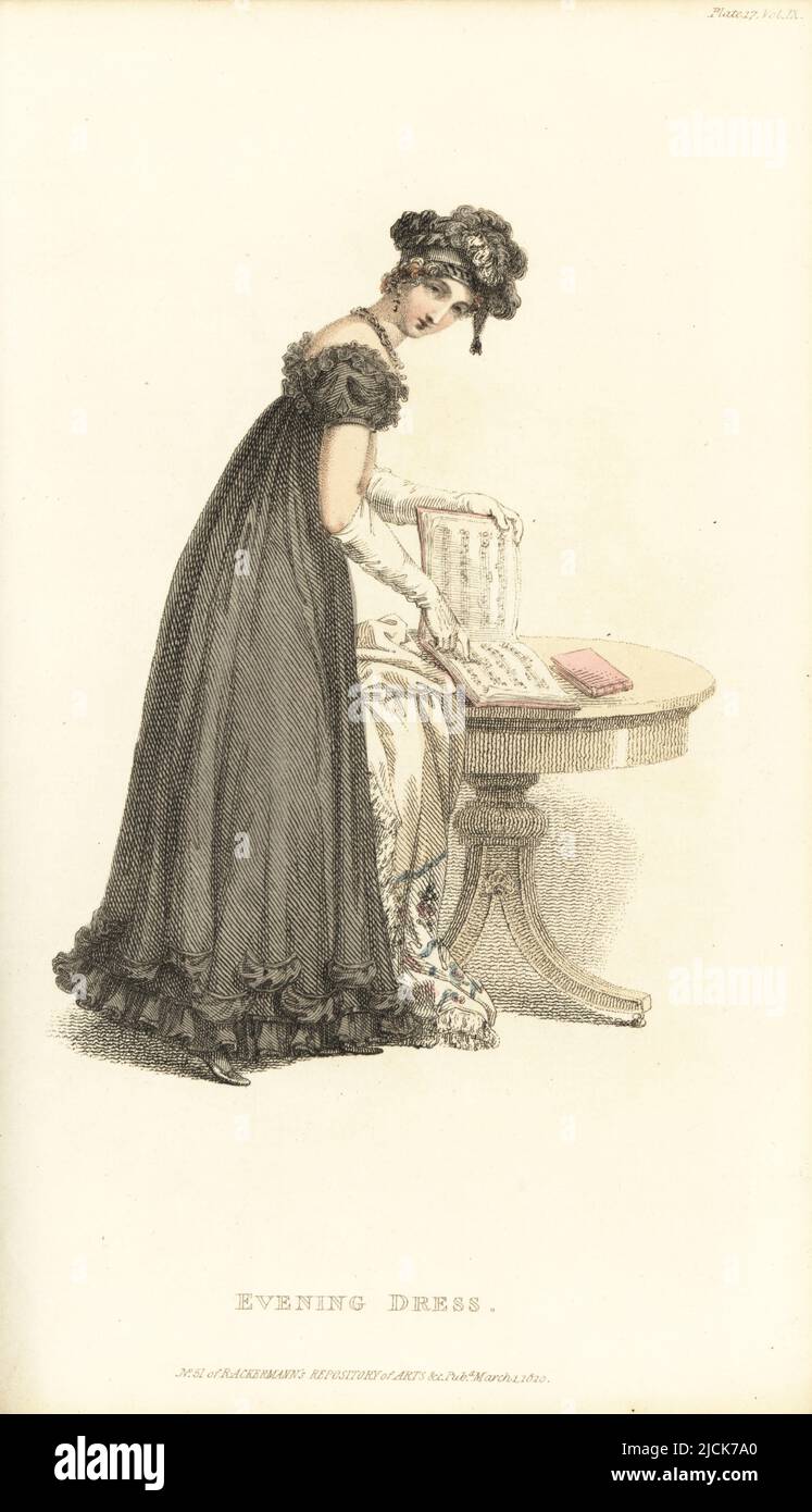 Regency lady in evening dress reading a musical score. Black crape ...