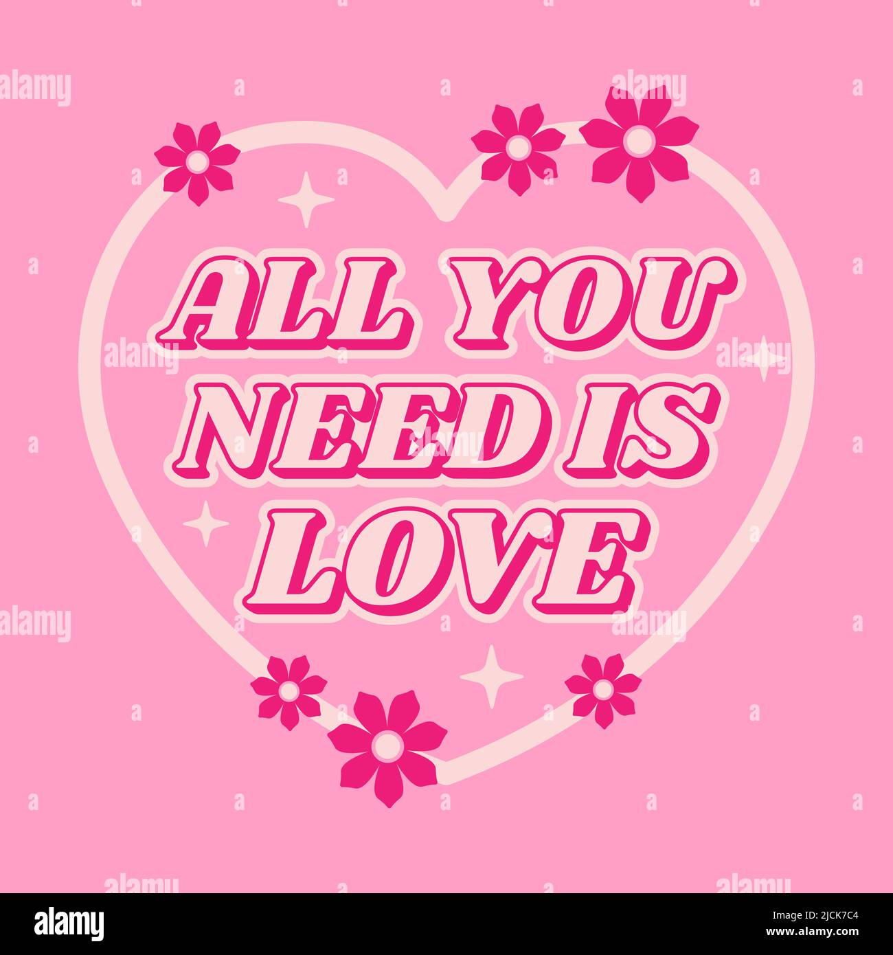 All you need is love inscription with heart and flowers. Retro 70s