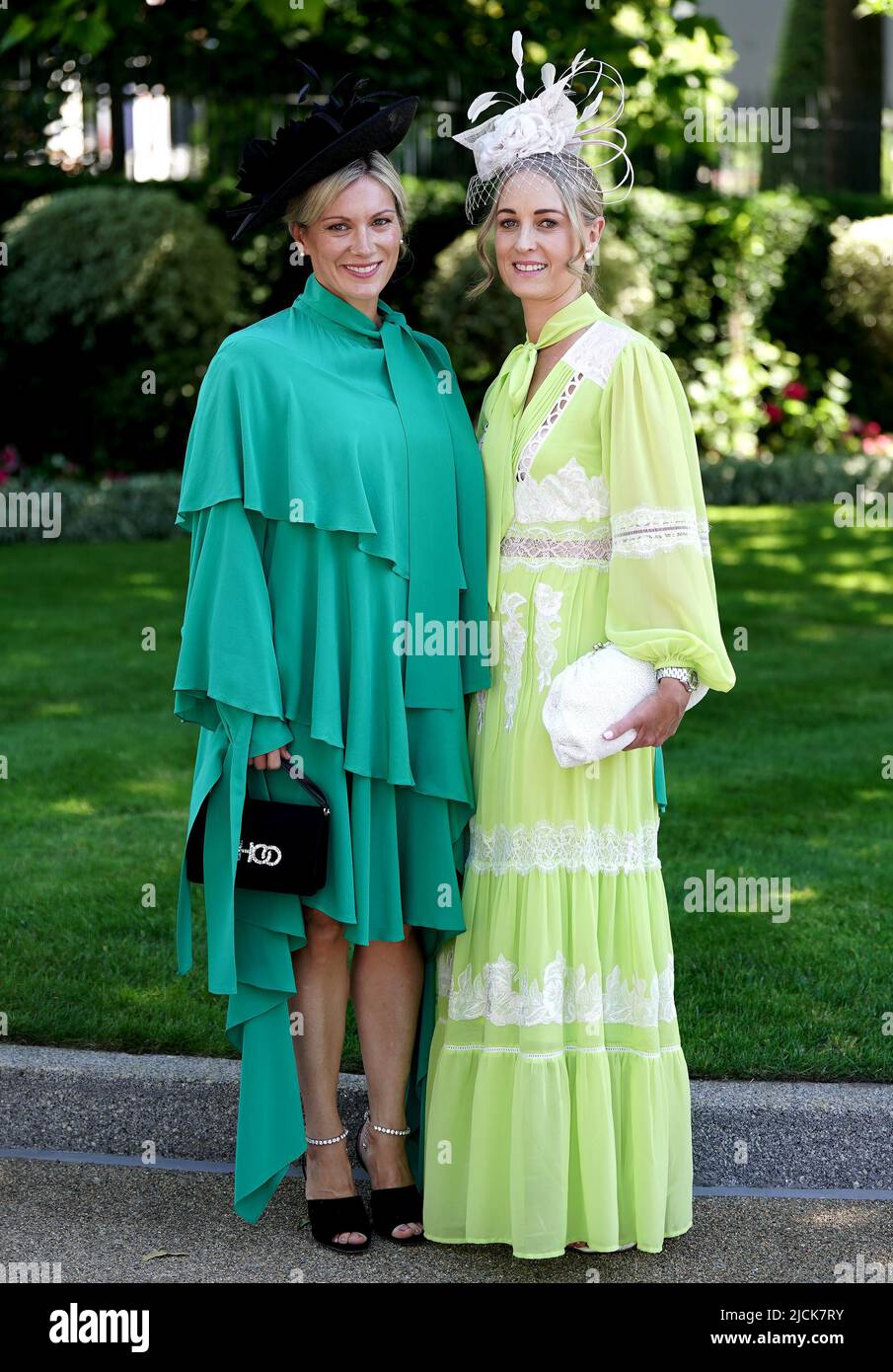 Francine Giller and Lucy Whitehead from London pose for a photograph ahead of day one of Royal Ascot at Ascot Racecourse. Picture date: Tuesday June 14, 2022. Stock Photo