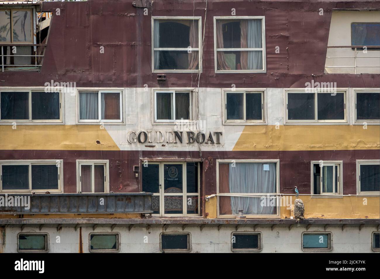 Close up detail of derelict deserted Nile cruise boat, Egypt Stock Photo