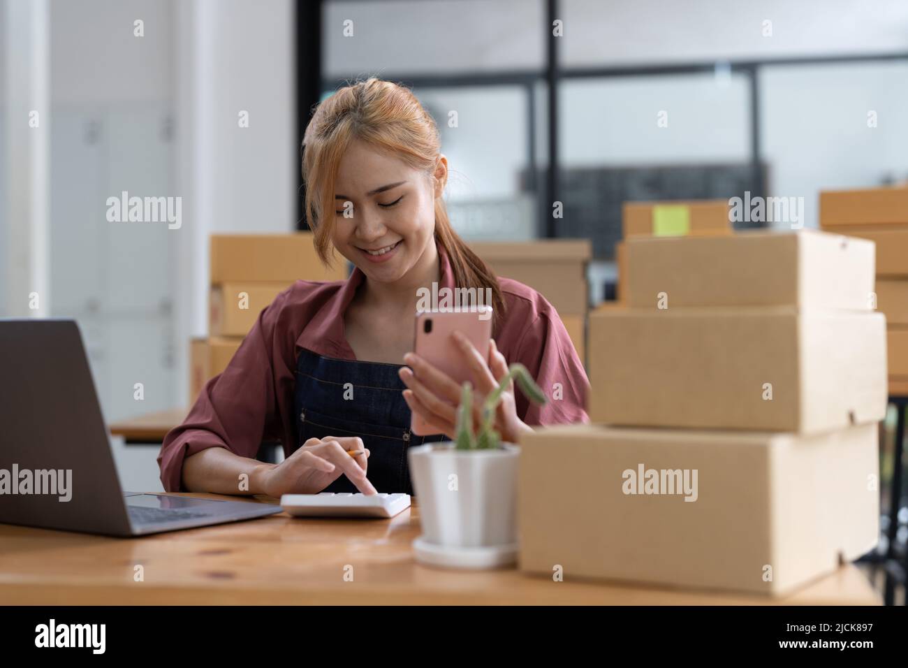 Asian woman owned business SME entrepreneur of Young Asian women working with Boxs laptop and phone for Online seller shopping at home, online Stock Photo