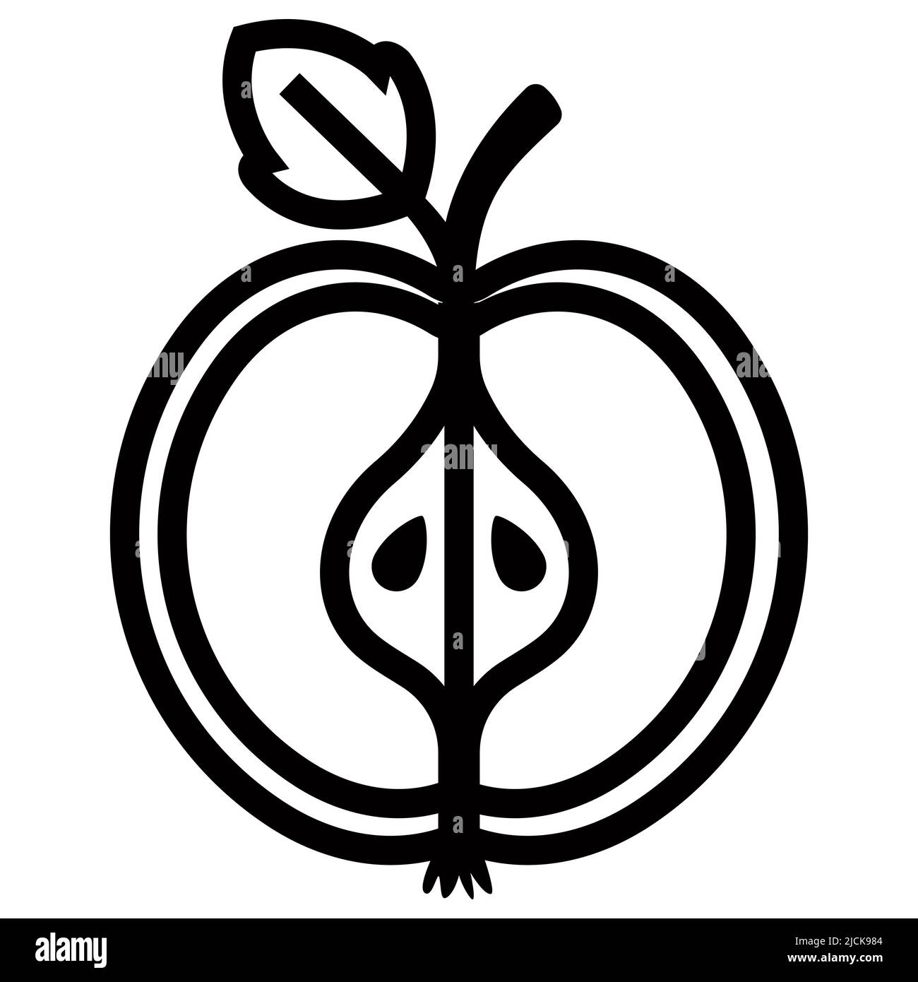 cut apple black linear icon. half fruit. flat vector illustration. Stock Vector