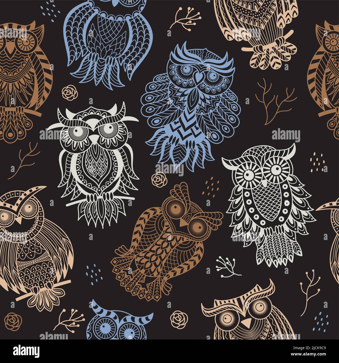Owls pattern. Boho tribal textile design project with owls and ornate wings recent vector seamless decorative background Stock Vector