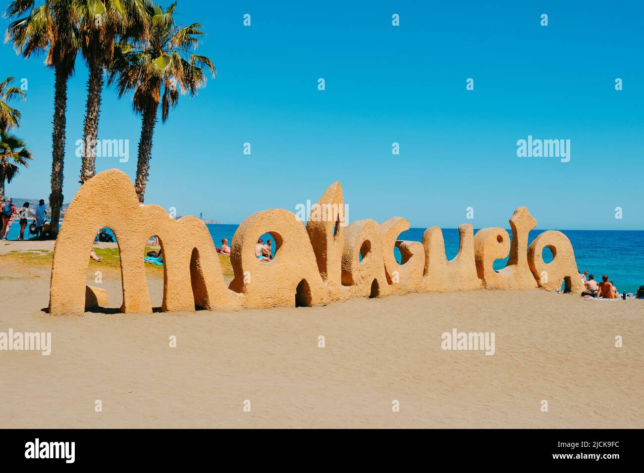Malaga, Spain - May 26, 2022: A view of the popular Malagueta sign at La Malagueta beach in Malaga, Spain, in a sunny spring day Stock Photo