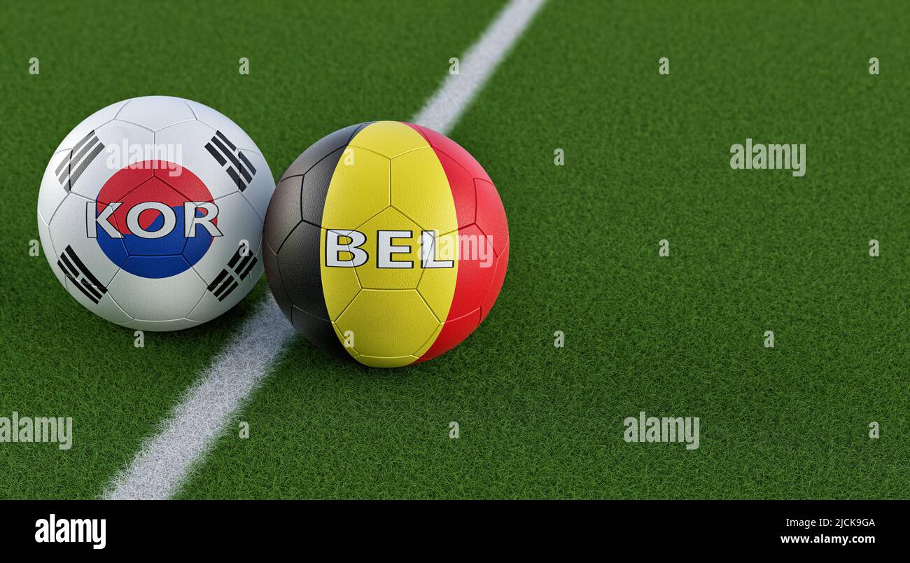 Belgium vs. South Korea Soccer match - Soccer balls in Belgium and South Korea national colors. 3D Rendering Stock Photo