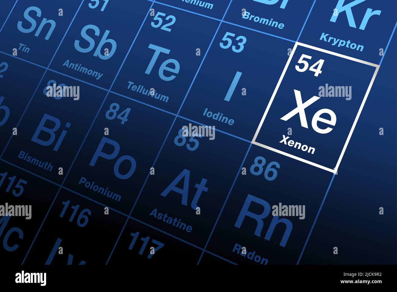 Xenon on periodic table of the elements. Noble gas with symbol Xe from Greek xenon, meaning foreign, and with atomic number 54. Stock Photo