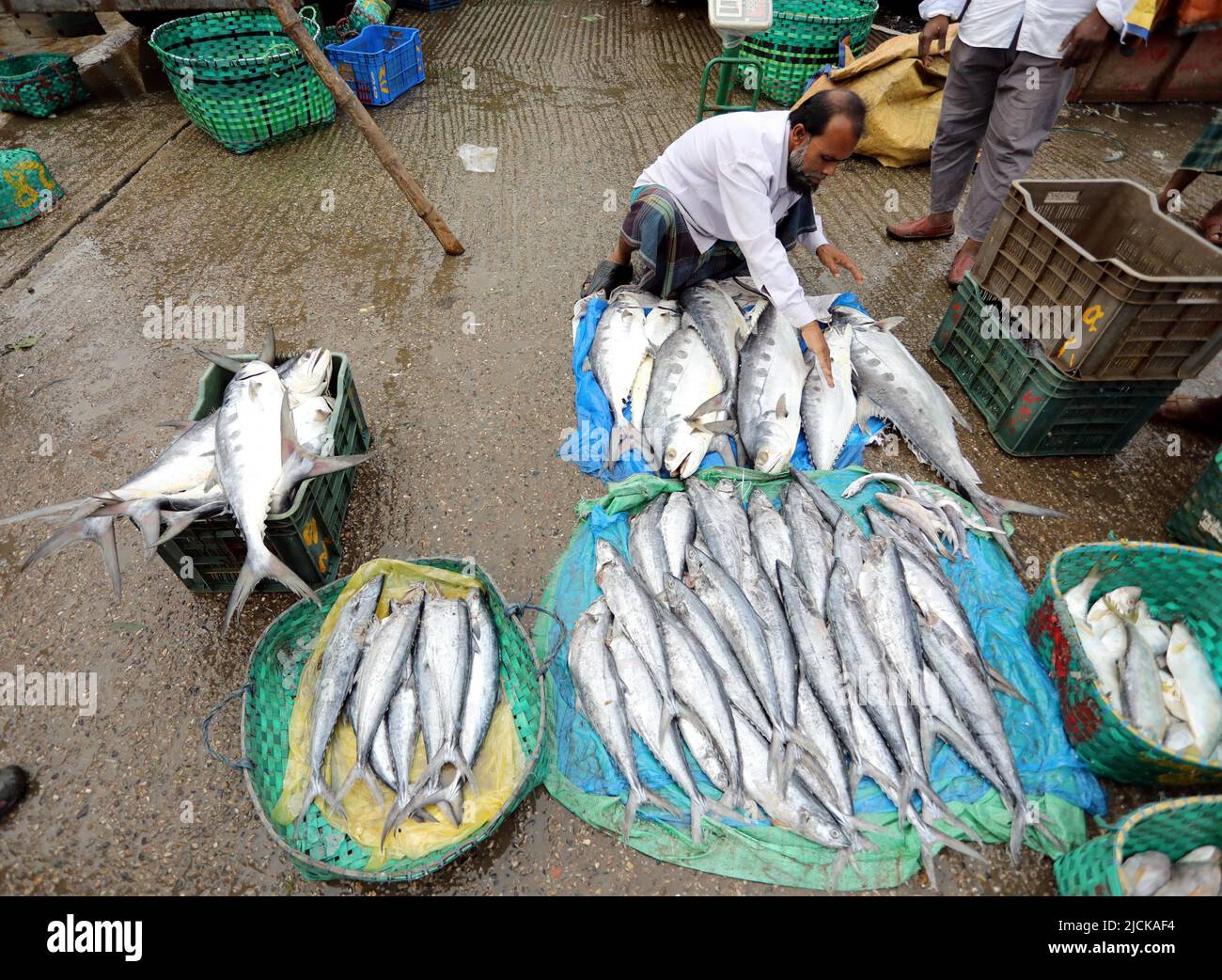 Buyers and sellers are seen at the wholesale fish market at Fishery