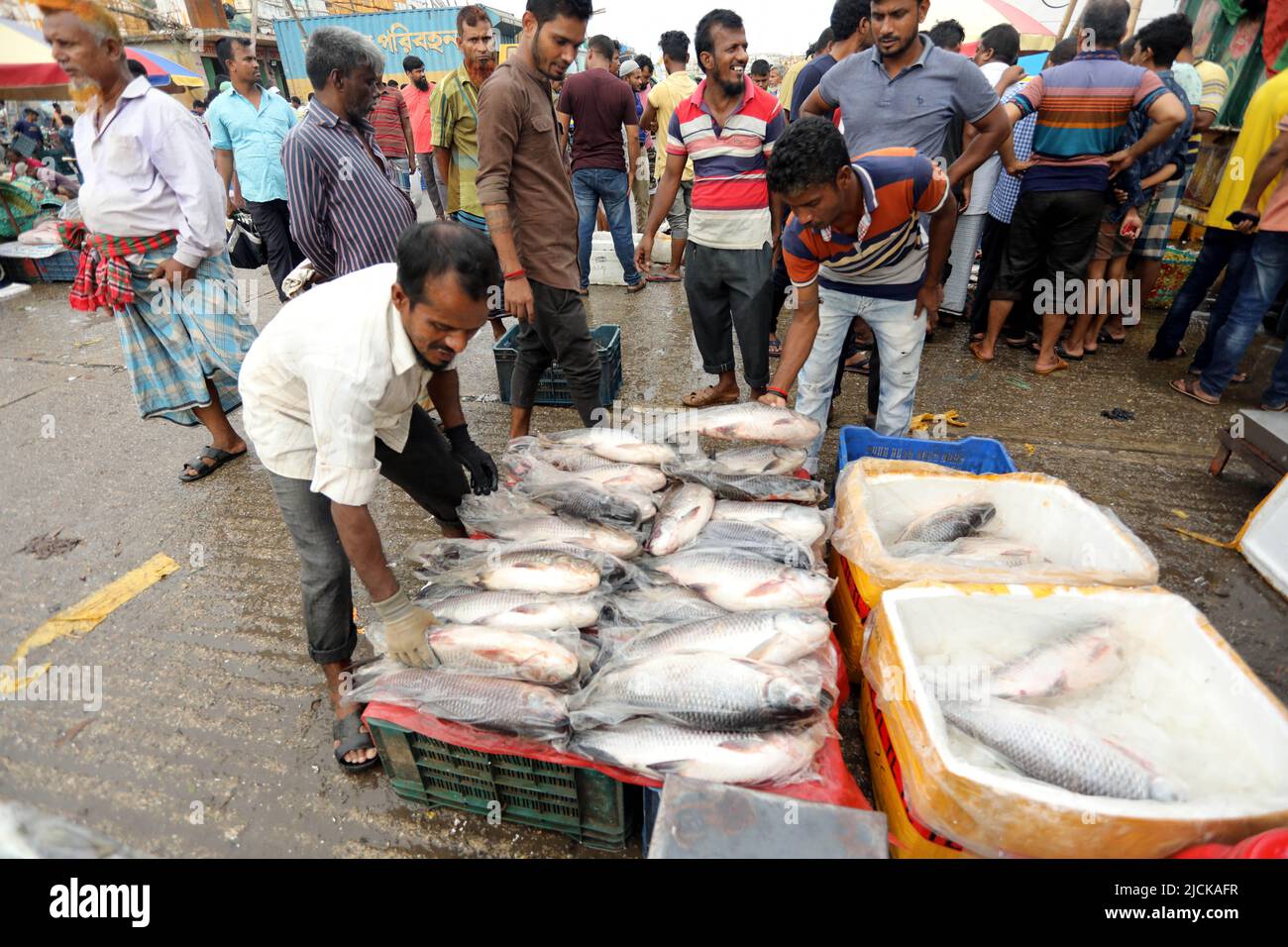 Buyers and sellers are seen at the wholesale fish market at Fishery