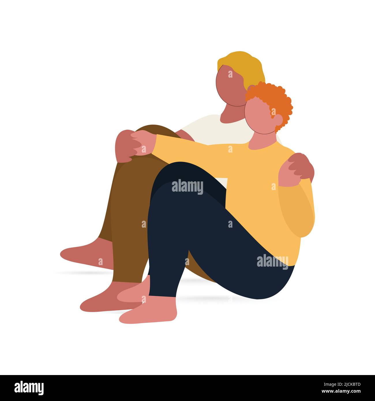Faceless Young Boys Hugging In Sitting Pose. Stock Vector