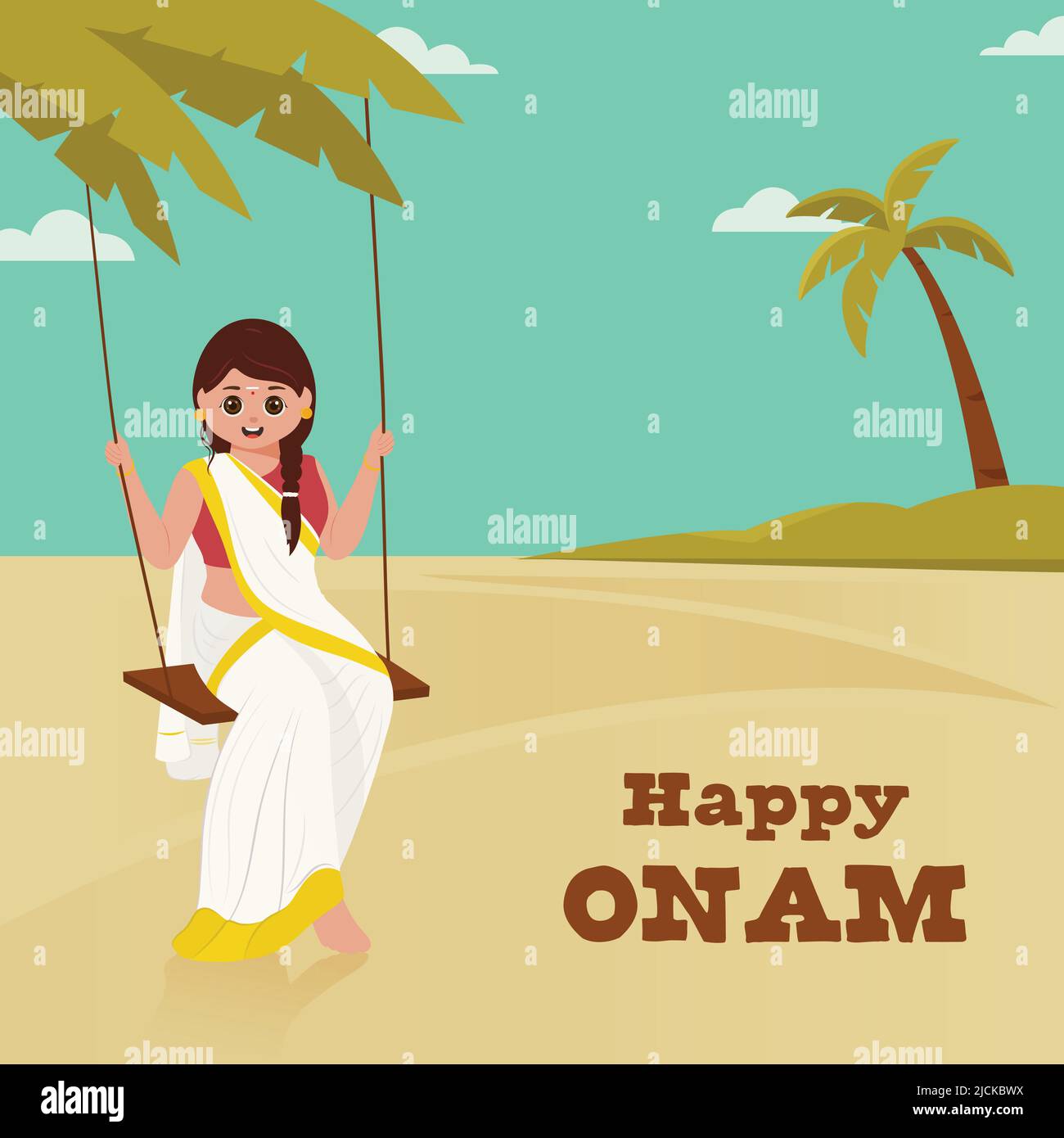 Happy Onam Celebration Poster Design With South Indian Young Lady Swinging  On Pearl Aqua And Light Brown Background Stock Vector Image & Art - Alamy