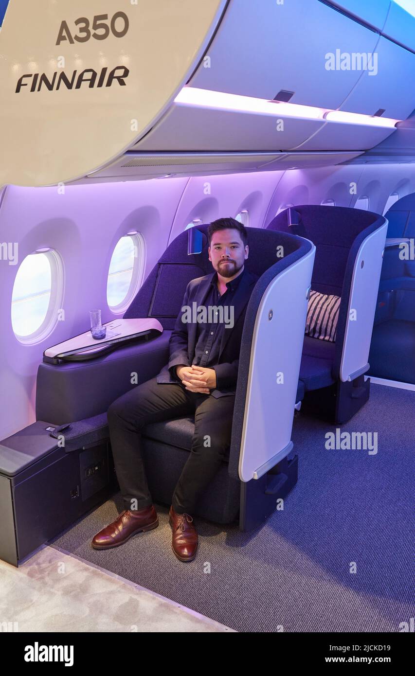 Hamburg Germany 14th June 2022 David Kondo Designer Finnair Sits In One Of His New Business Class Seats On The Airbus Stand At The Aircraft Interiors Expo Aix In The Hamburg Exhibition Halls The Aircraft Interiors Show Will Be Held June 14 16 2022 Credit Georg Wendtdpaalamy Live News 2JCKD19 