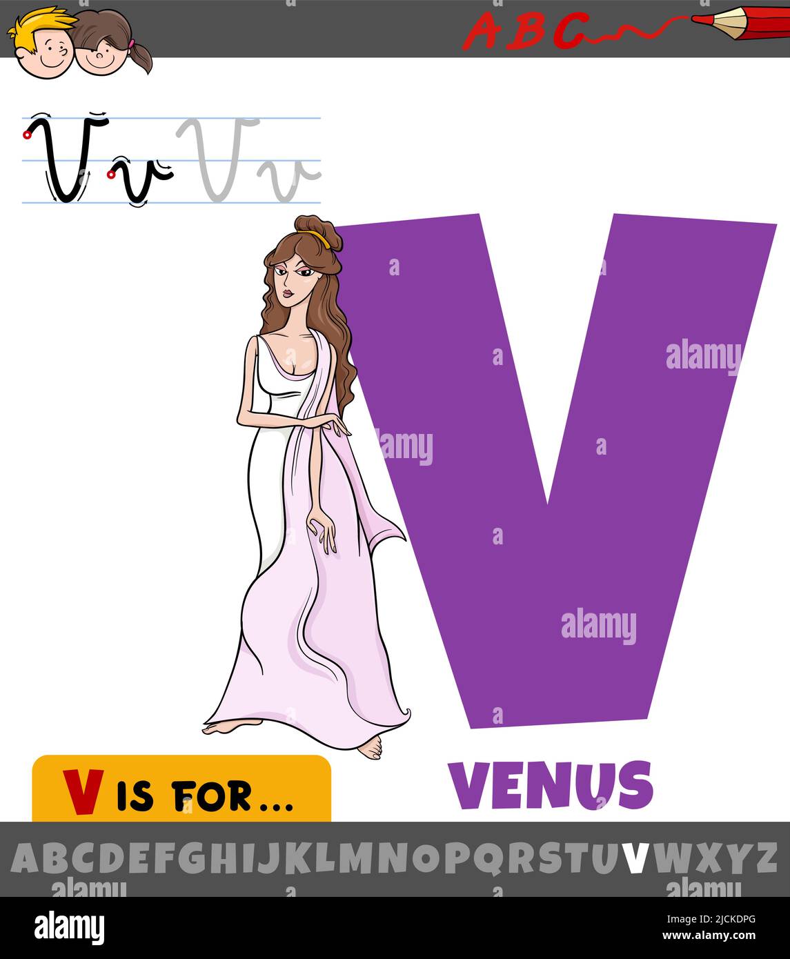 Educational cartoon illustration of letter V from alphabet with Venus Roman goddess character Stock Vector