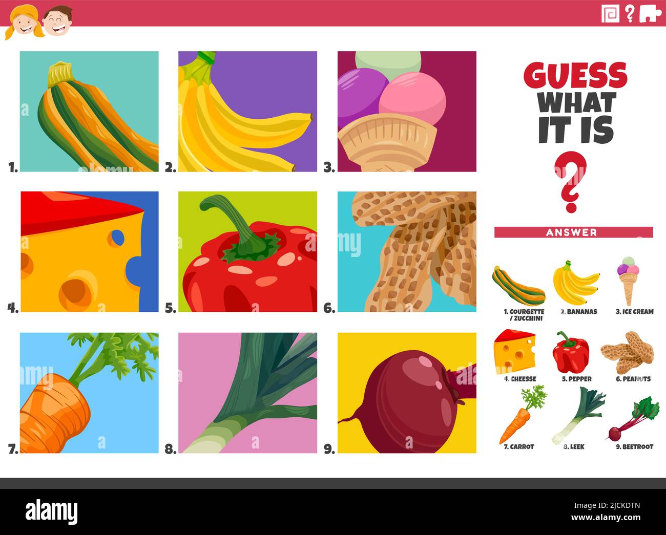 Cartoon illustration of educational game of guessing food objects for children Stock Vector