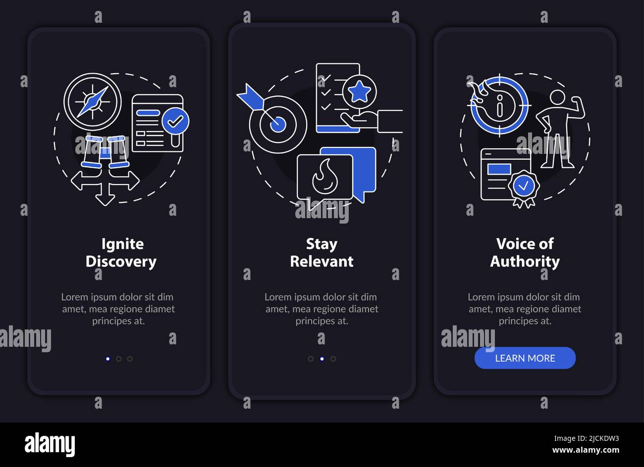Search engine optimization pillars night mode onboarding mobile app screen Stock Vector