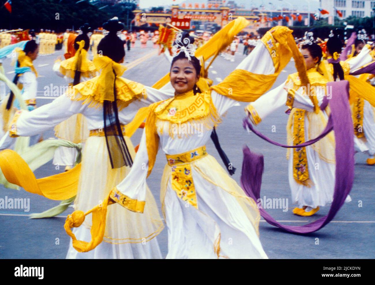 Taiwan Double Tenth Day - Taiwan National Day Celebrations Women Dancing in Parade Commemorates the Start of the Wuchang Uprising on the 10th October 1911 Stock Photo