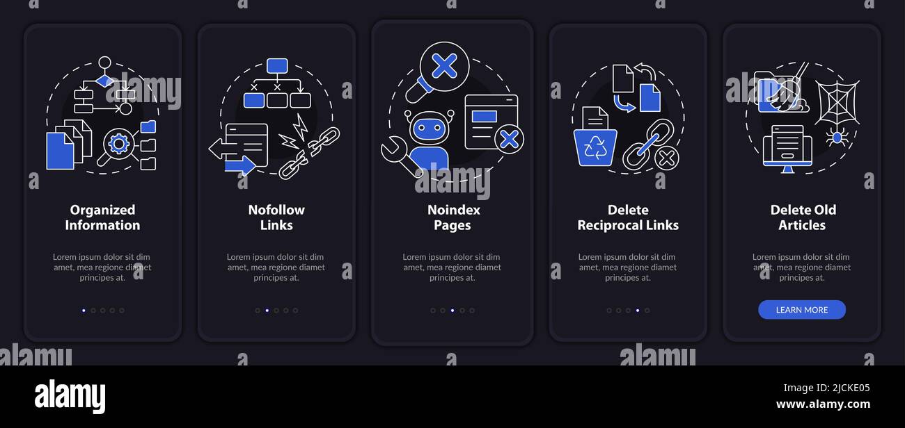 Search engine optimization principle night mode onboarding mobile app screen Stock Vector