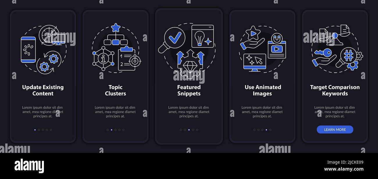 Advanced SEO techniques night mode onboarding mobile app screen Stock Vector