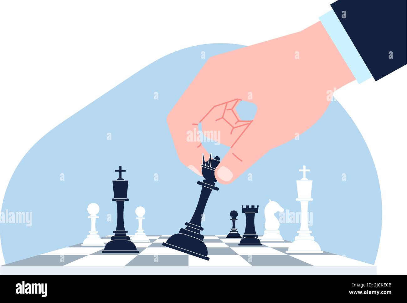 Chess business strategy. Hand moving game figure. Win and strategy thinking, political battle. Victory concept ob chessboard recent vector scene Stock Vector