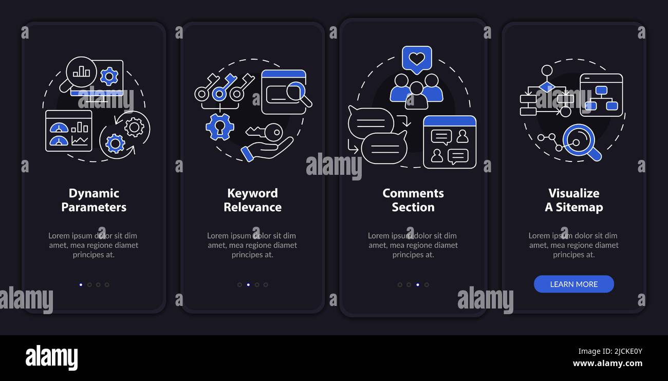 Advanced SEO night mode onboarding mobile app screen Stock Vector