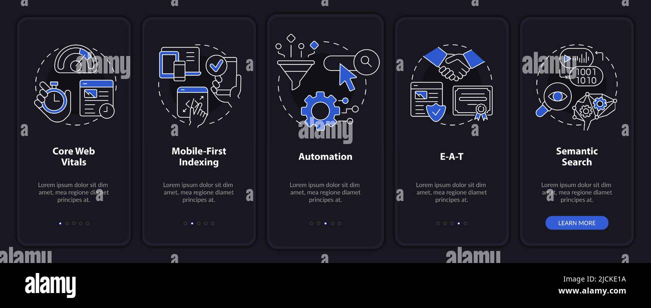 Search engine optimization concepts night mode onboarding mobile app screen Stock Vector
