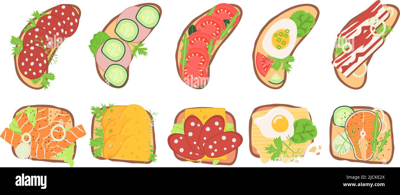 Fresh Sandwich Vector Fresh sandwiches. Green sandwich tomato and egg, top view healthy toast ...