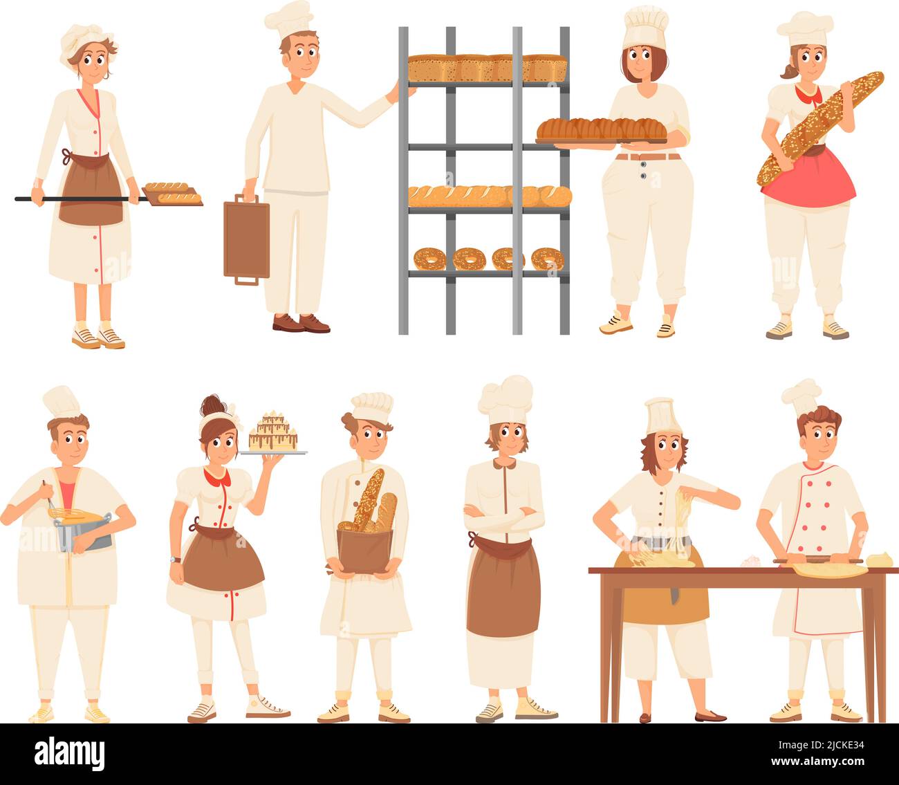 Bakers characters. Cartoon baker woman and man hold bread and bakery meals. Chef cook at job, confectionery and pastry. Fresh food decent vector set Stock Vector