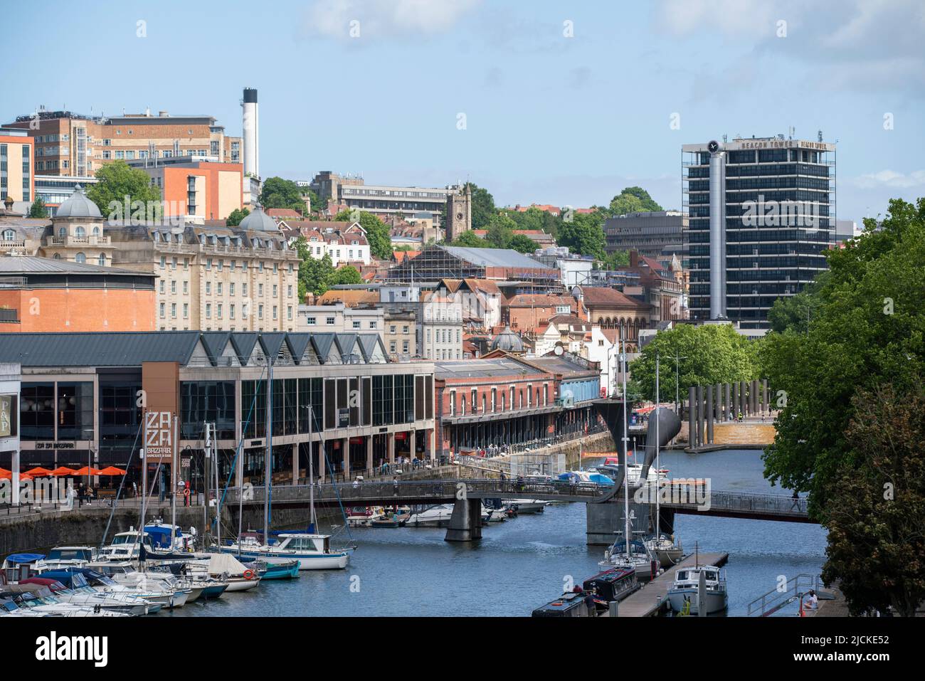 Bristol harbourside, known as the floating harbour, seen from above with bars, restaurants, and