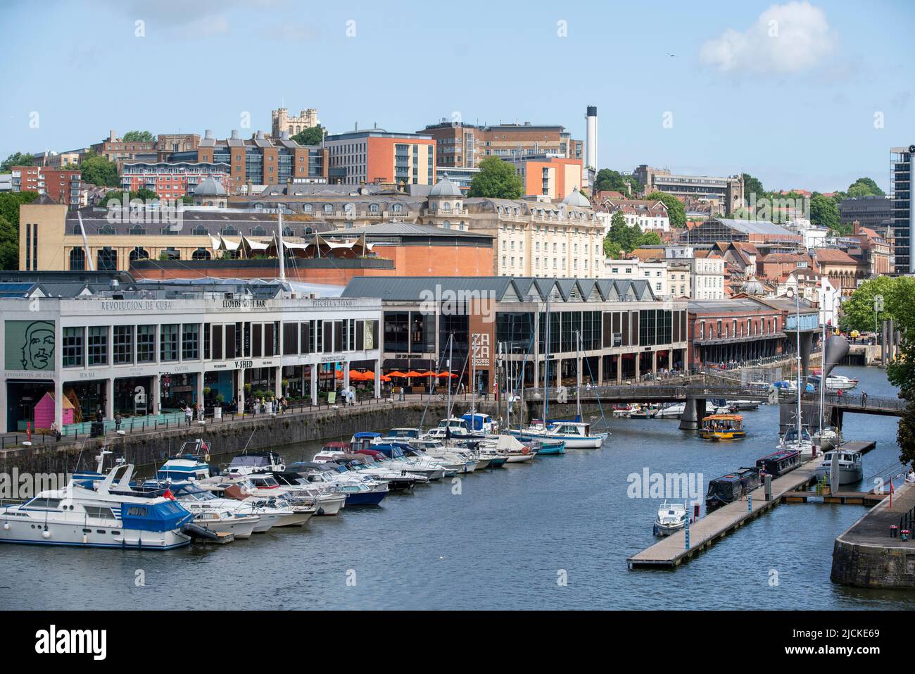 Bristol harbourside, known as the floating harbour, seen from above with bars, restaurants, and