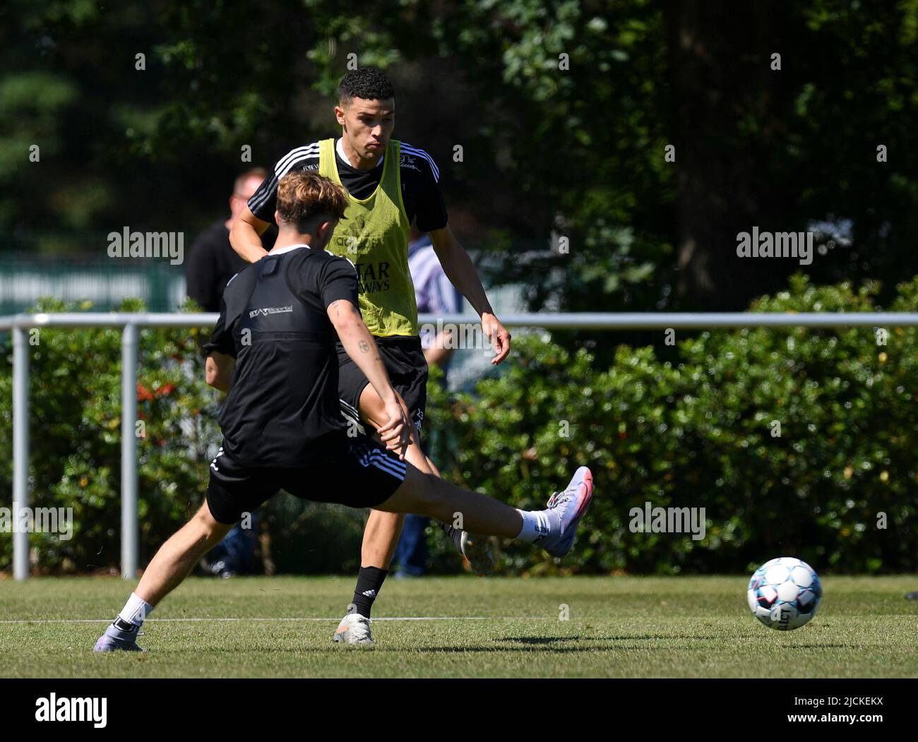 Eupen, Belgium. 14th June, 2022. Eupen's new player Isaac Christie-Davies fights for the ball during a training session ahead of the 2022-2023 season, of Belgian first division soccer team KAS Eupen, Tuesday 14 June 2022 in Eupen. BELGA PHOTO JOHN THYS Credit: Belga News Agency/Alamy Live News Stock Photo