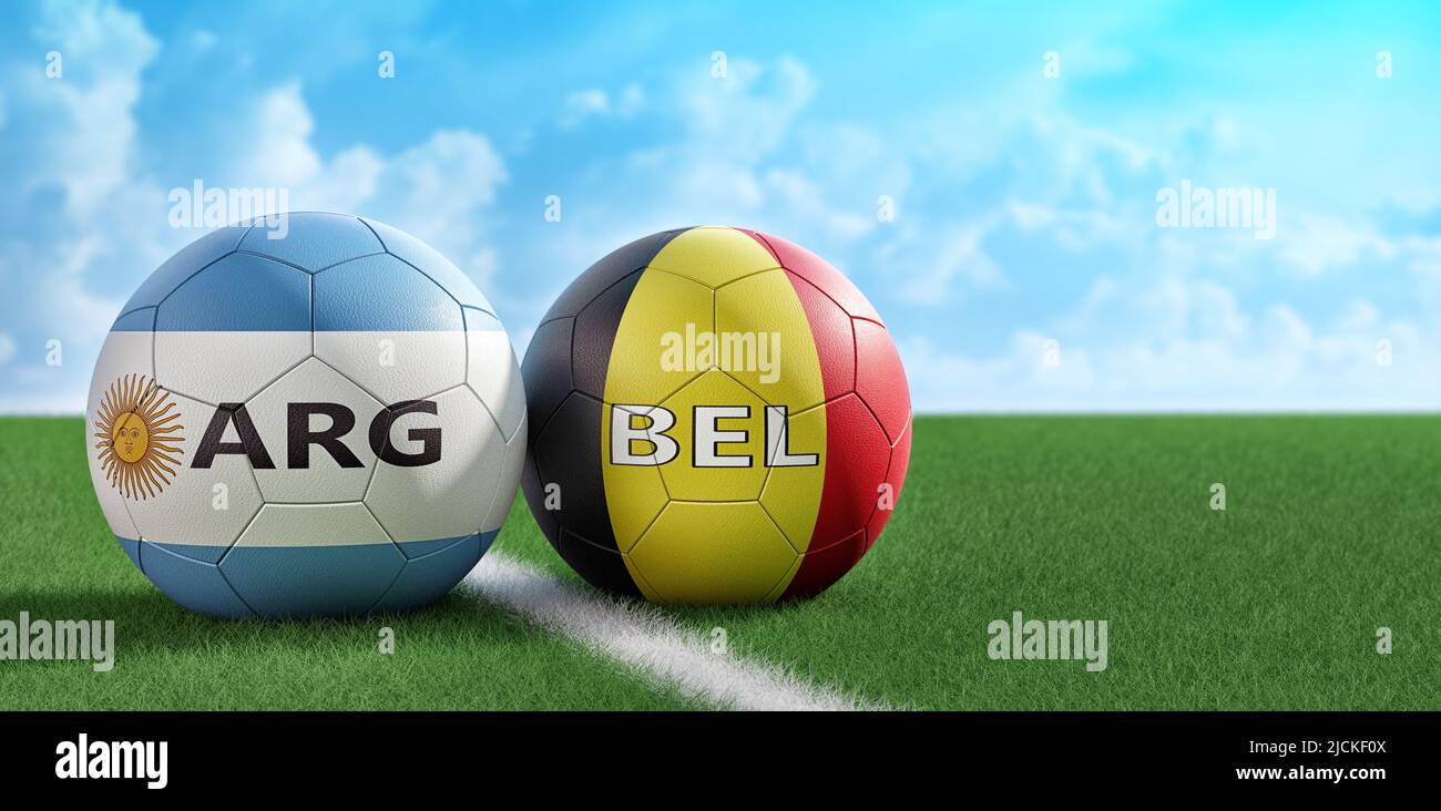 Belgium vs. Argentina Soccer match - Soccer balls in Belgium and Argentina national colors. 3D Rendering Stock Photo