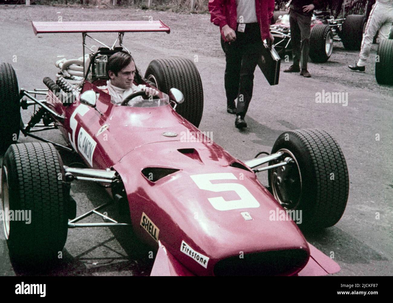 1968 British Formula 1 Grand Prix at Brands Hatch. Chris Amon in the Ferrari 312, race number 5. Stock Photo