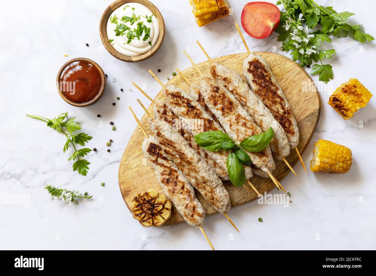 Summer party food. Grill food menu. Bbq grilled chicken kebab with