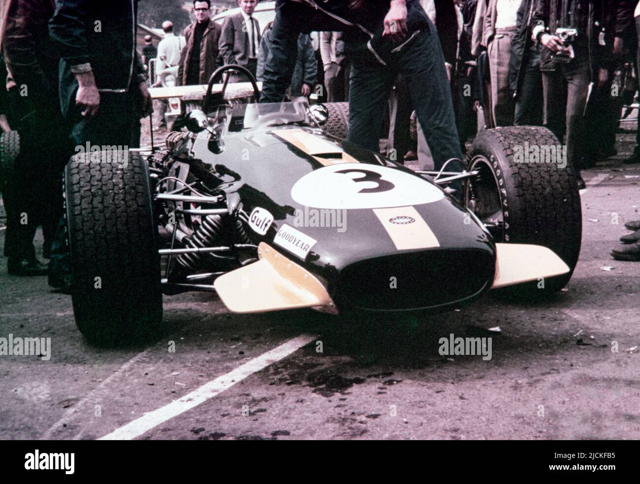 1968 British Formula 1 Grand Prix at Brands Hatch. The Brabham BT26 Repco, race number 3, to be driven by Jack Brabham. Stock Photo