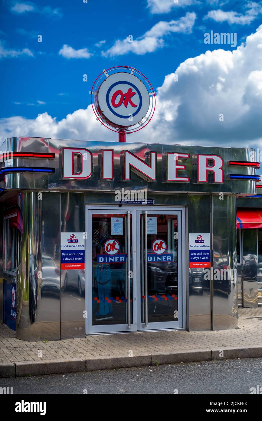 OK Diner 1950s American Style Restaurant on the A1 road at Newark UK. Part of a small chain of vintage themed roadside diners. Stock Photo