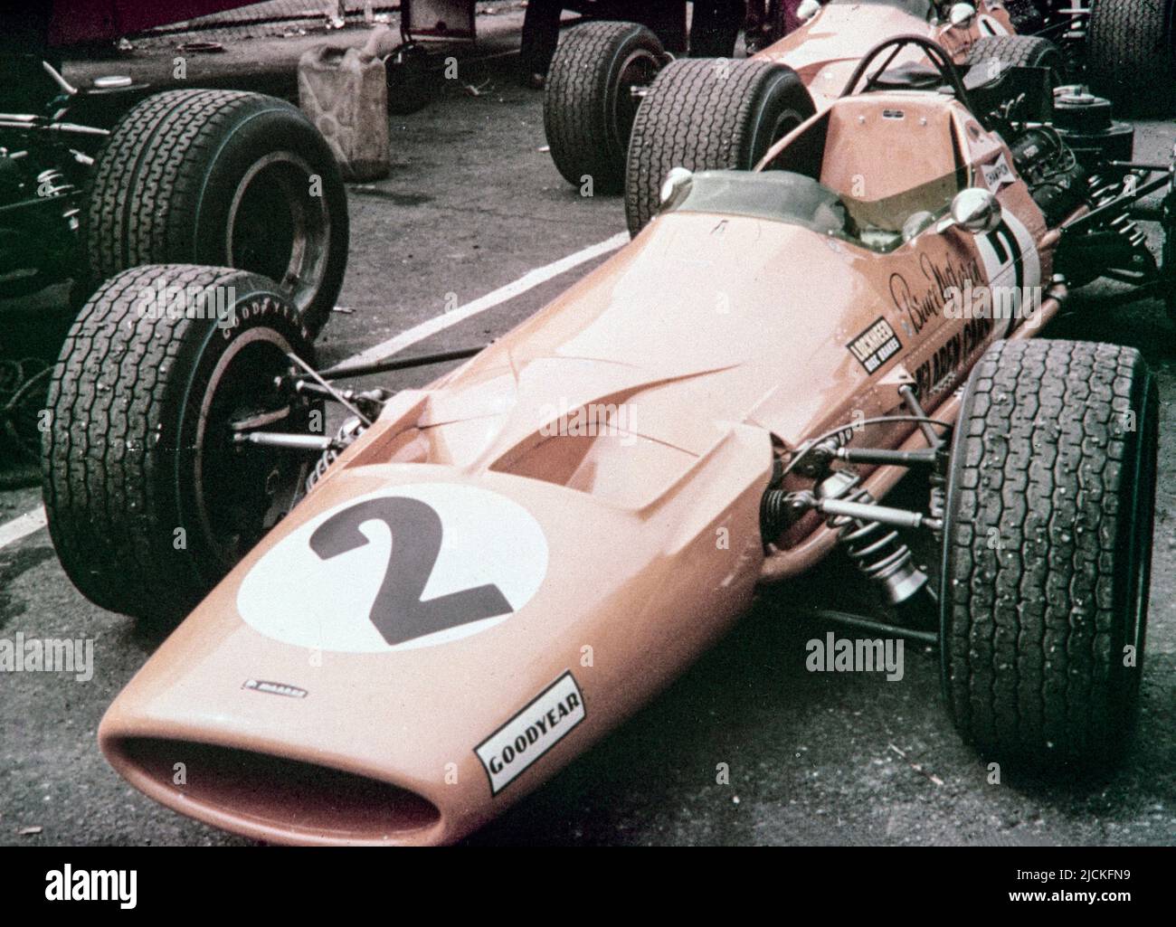1968 British Formula 1 Grand Prix at Brands Hatch. The Bruce McLaren McLaren M7A, race number 2. Stock Photo