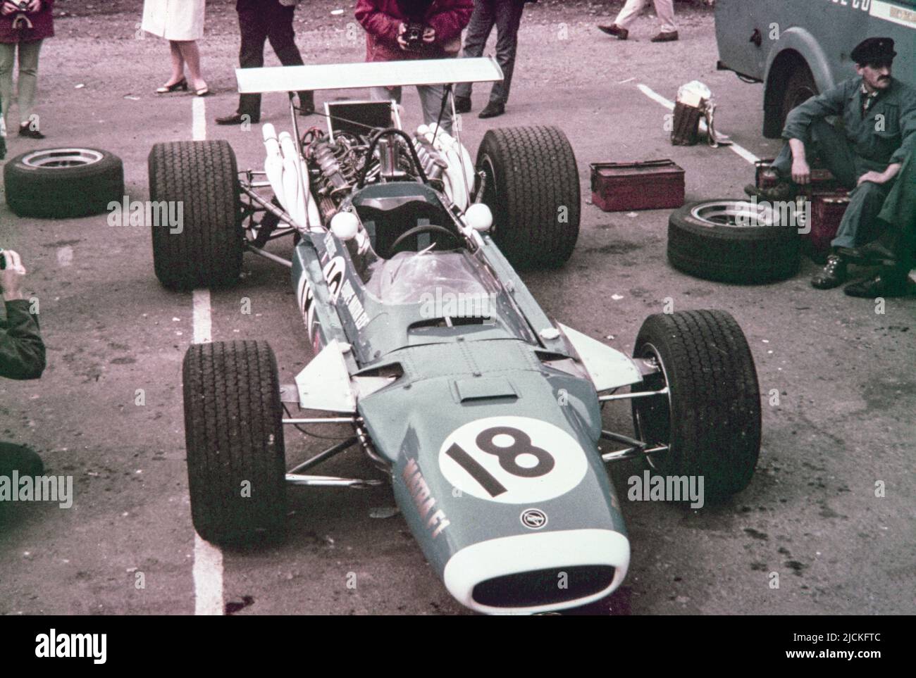 1968 British Formula 1 Grand Prix at Brands Hatch. The Matra Sports Matra MS11, race number 18, driven by Jean-Pierre Beltiose. Stock Photo