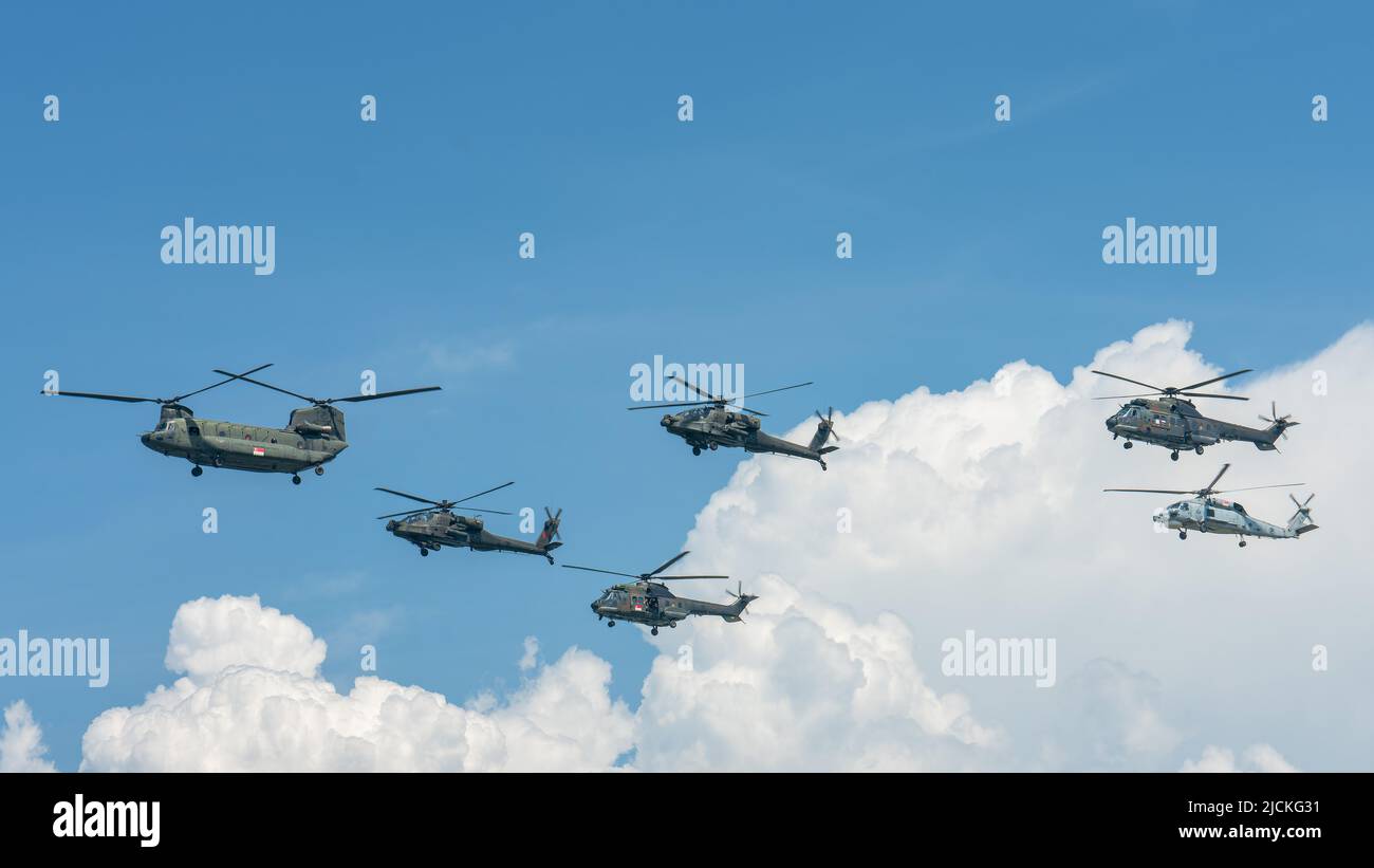singapore, Singapore -  Aug 11, 2018: Various transport. sea and land airforce helicopters in the year Singapore celebrated 50 years Stock Photo