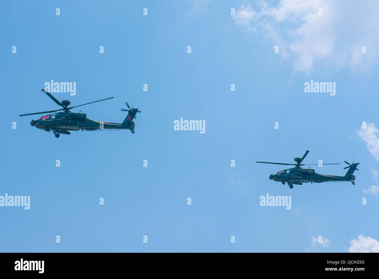 singapore, Singapore -  Aug 11, 2018: he AH-64D Apache is a multi-mission helicopter, designed to fight and survive in day, night and adverse weather Stock Photo