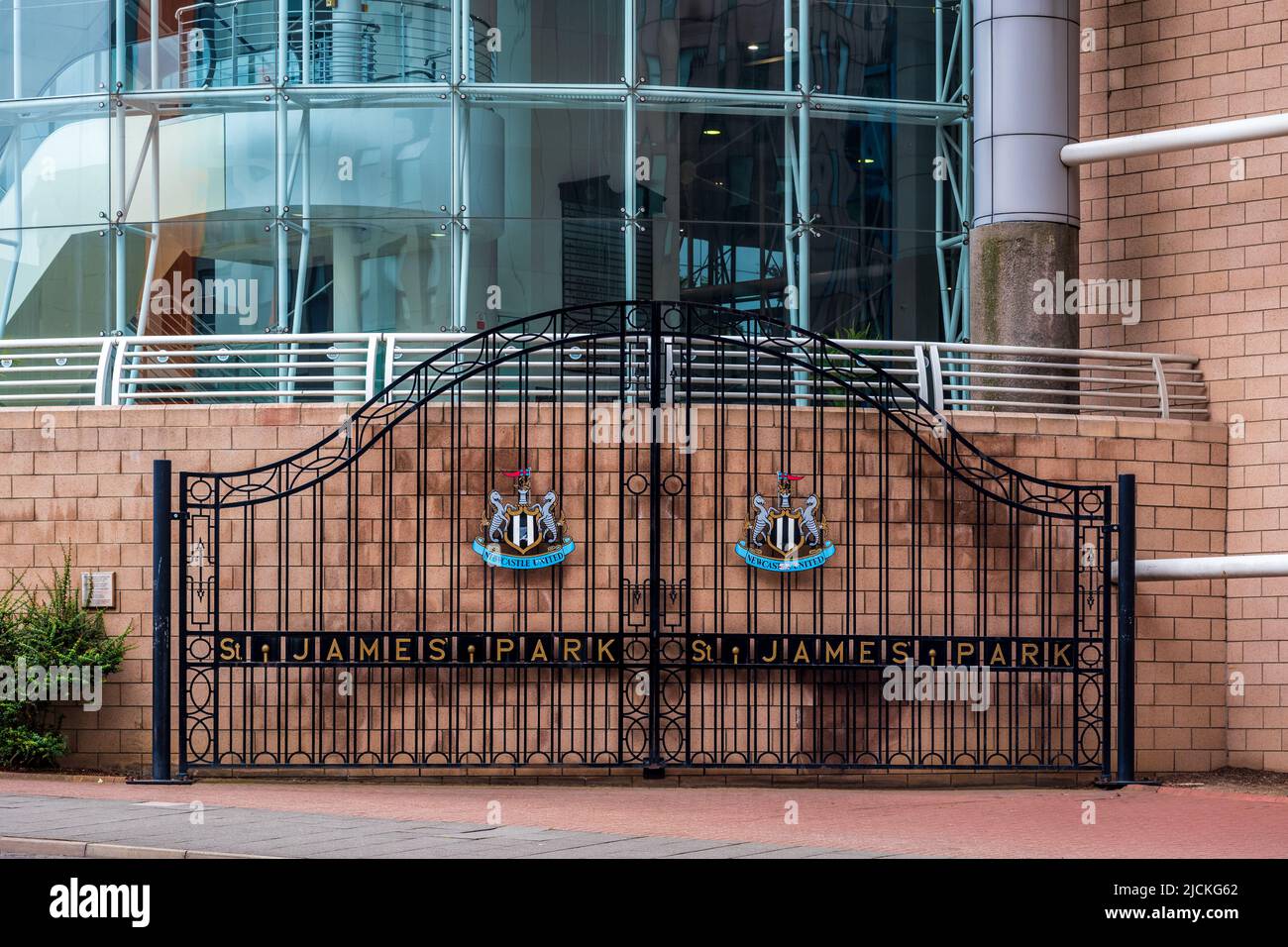 St James' Park Newcastle, home of Newcastle United football team. Historic St James Park Gallowgate End gates relocated 2013 following redevelopment. Stock Photo