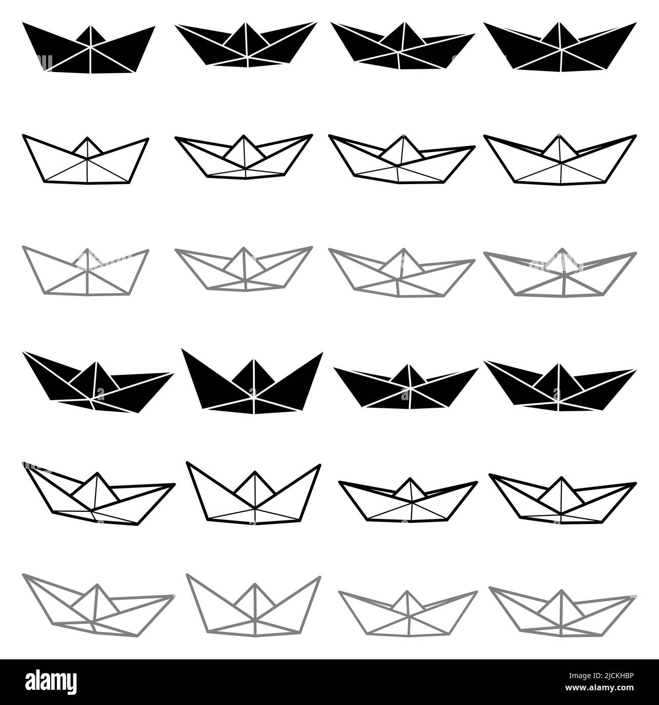 Set of different style vector illustrations of paper boat icons. Outline simple, silhouette, chalk and color boat isolated on white background. Icon s Stock Vector