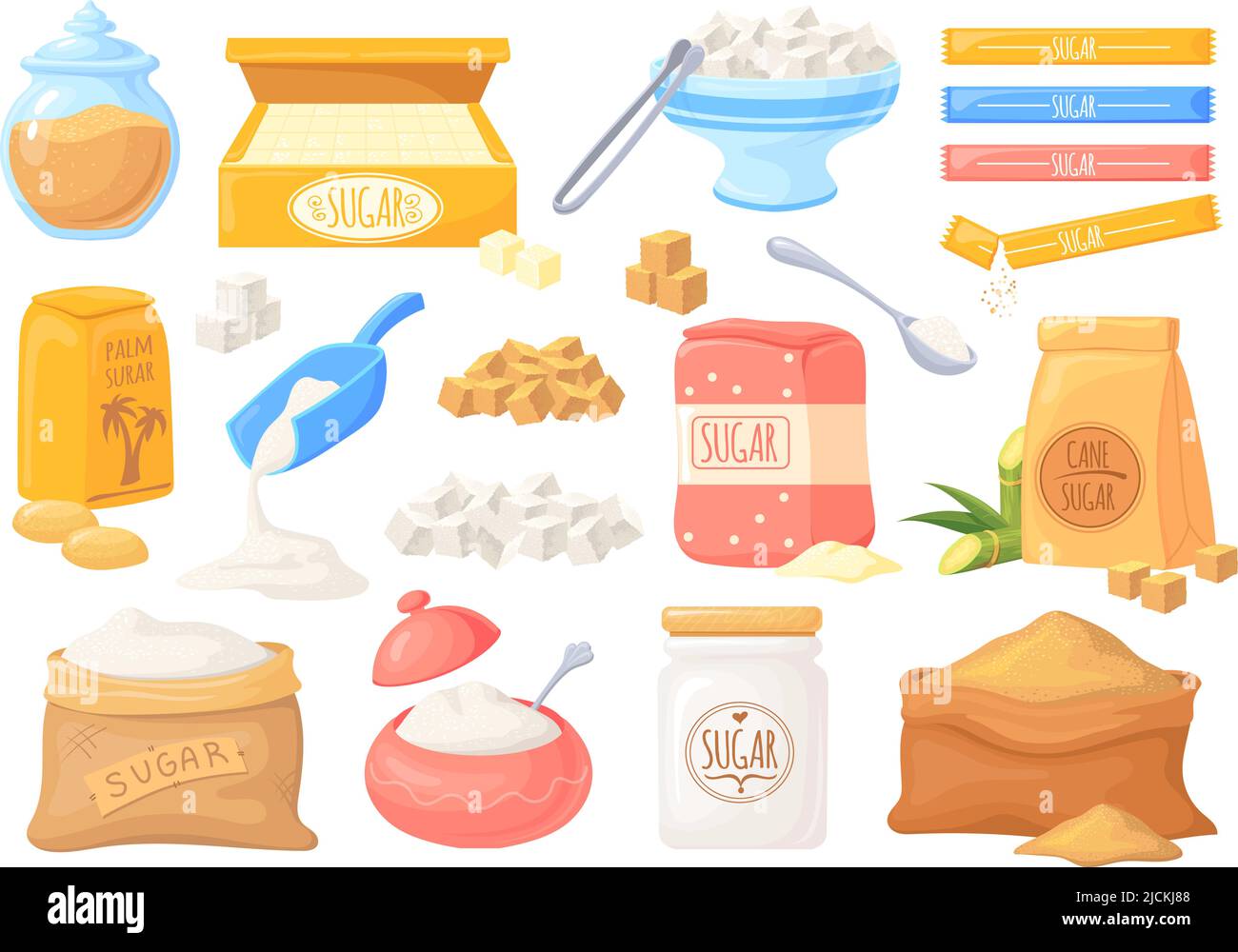 Cartoon sucrose. Sugar spoon and colors packages pouring sugars, box