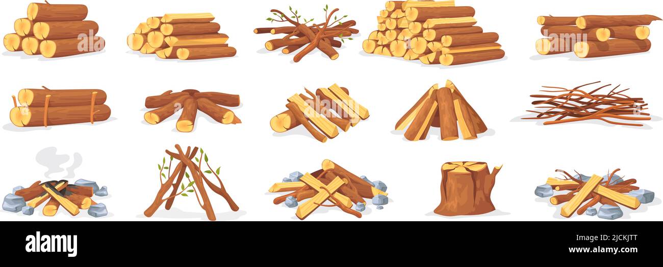 Pile firewood. Stack wood log bonfire, cartoon sticks branches timber  forest tree for burning fire, bundle dry brushwood timbered firewoods  lumber trunk, neat vector illustration of pile firewood Stock Vector Image &