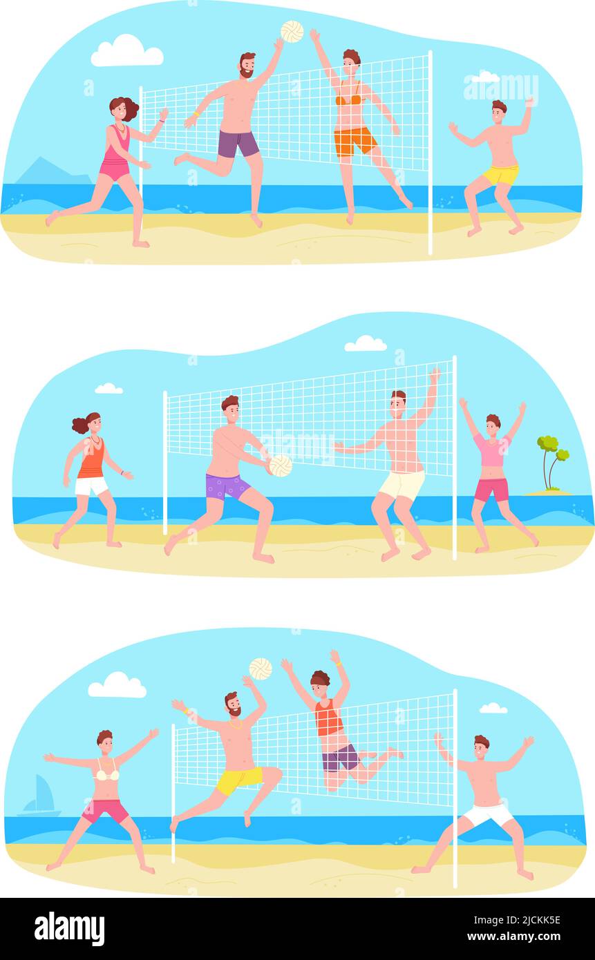 People playing in beach volleyball. Beachvolley on court sea shore sand,  friends sport team enjoy play volley games summer activity hands throwing  ball splendid vector illustration of relax sunbathing Stock Vector Image