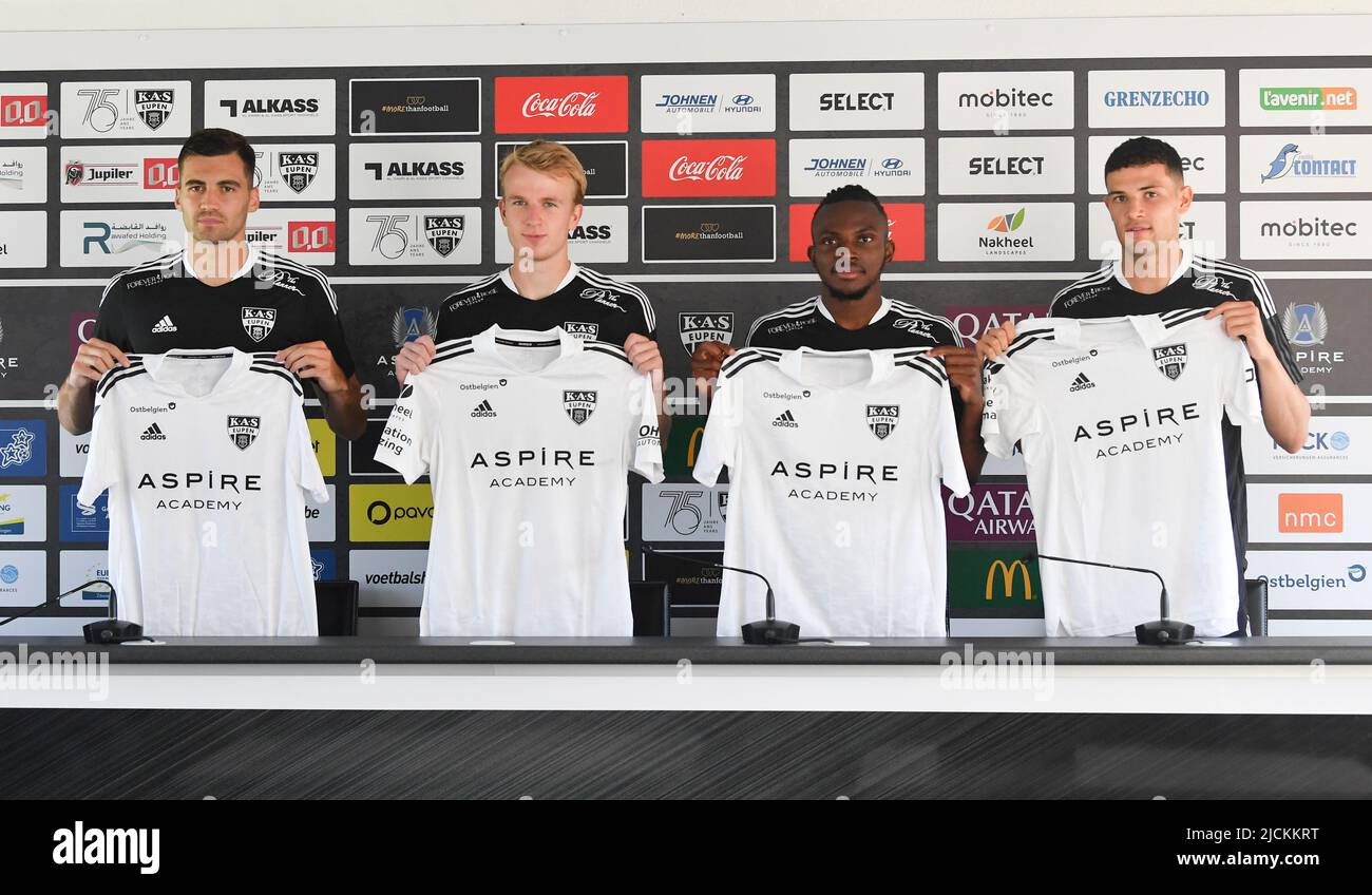 Eupen's new player Jan Gorenc, Eupen's new player Rune Paeshuyse, Eupen's new player Regan Charles-Cook, and and Eupen's new player Isaac Christie-Davies pose for the photographer after a training session ahead of the 2022-2023 season, of Belgian first division soccer team KAS Eupen, Tuesday 14 June 2022 in Eupen. BELGA PHOTO JOHN THYS Stock Photo