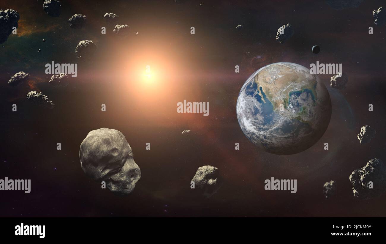 Asteroids with Earth planet in outer space. Elements of this image furnished by NASA. Stock Photo