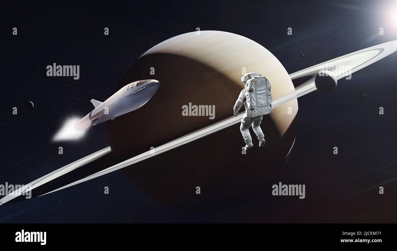 Heavy Starship with Astronaut in outer space on low-orbit of Saturn planet. Elements of this image furnished by NASA. Stock Photo
