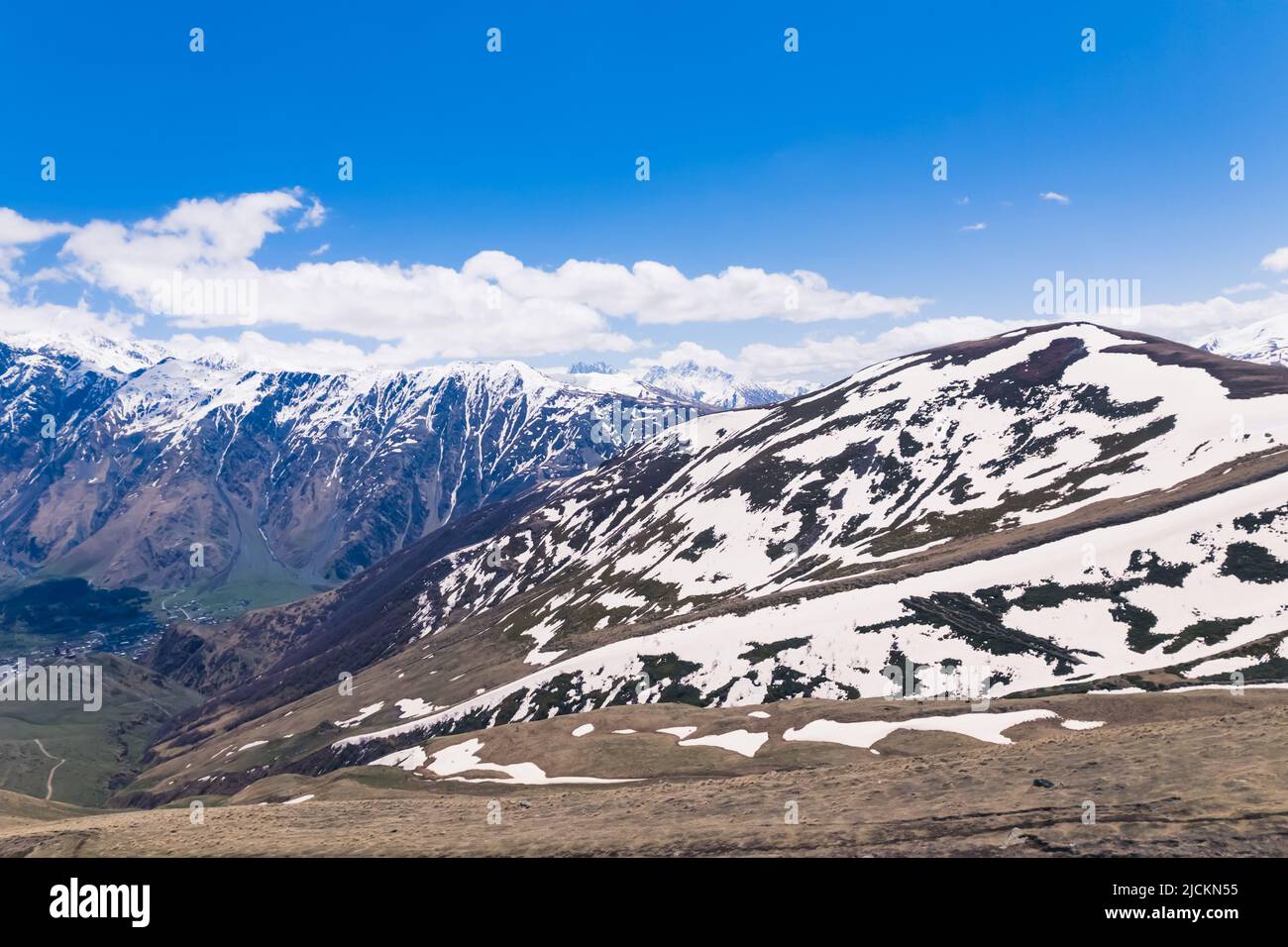 view of snowcapped Caucasus mountains, Kazbegi, Georgia, Europe. High quality photo Stock Photo